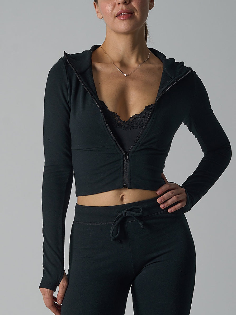 Fitted Zip-Up Hooded Crop Top with Thumbhole Cuffs