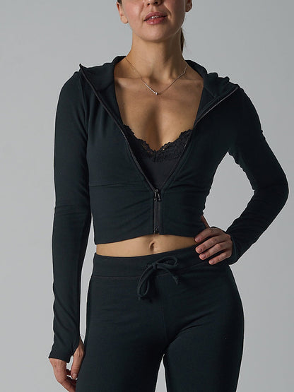 Fitted Zip-Up Hooded Crop Top with Thumbhole Cuffs
