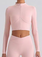 Women's Pink Full-Zip Mock Neck Cropped Sports Jacket