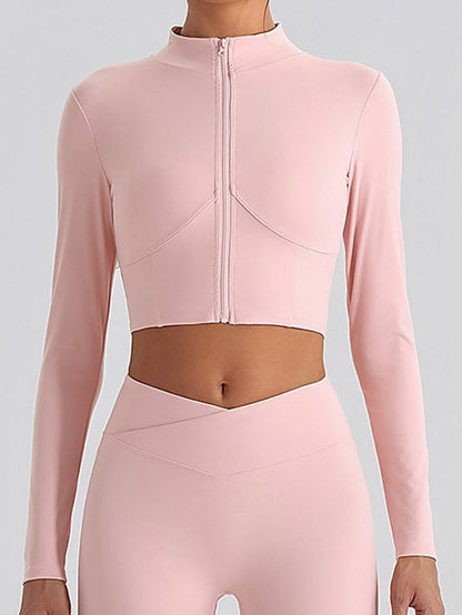 Women's Pink Full-Zip Mock Neck Cropped Sports Jacket