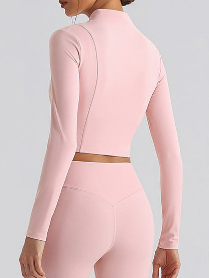Women's Pink Full-Zip Mock Neck Cropped Sports Jacket