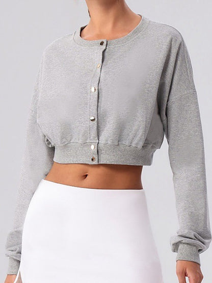 Cropped Button-Front Sweatshirt Cardigan