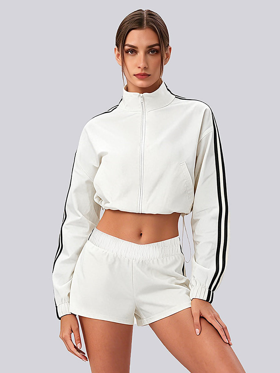 Women's Cropped Stand-Collar Full-Zip Track Jacket with Sleeve Stripes