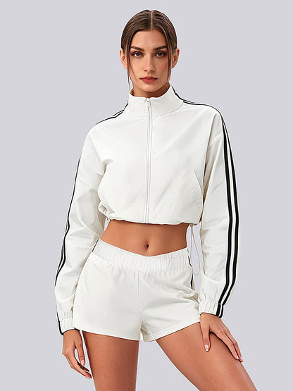Women's Cropped Stand-Collar Full-Zip Track Jacket with Sleeve Stripes