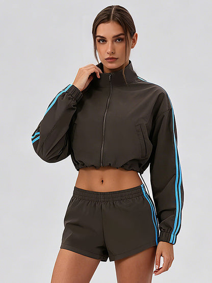 Women's Cropped Stand-Collar Full-Zip Track Jacket with Sleeve Stripes