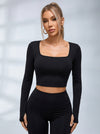 Hollow Out Faux Denim Cross Back Backless Yoga Long Sleeves