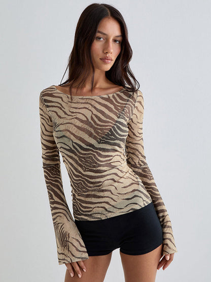 Retro Zebra Pattern Sheer Mesh Slim Fit Going Out Top