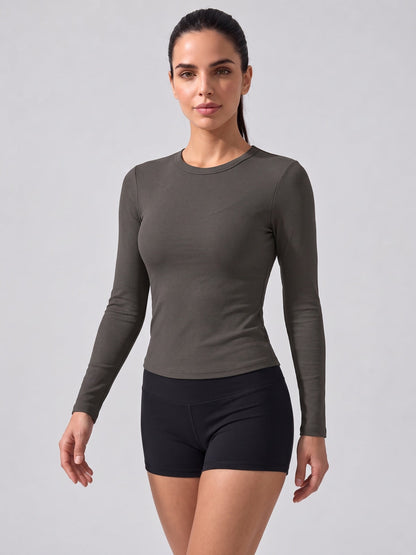 Women's Long Sleeve Crew Neck Top with Built-in Bra