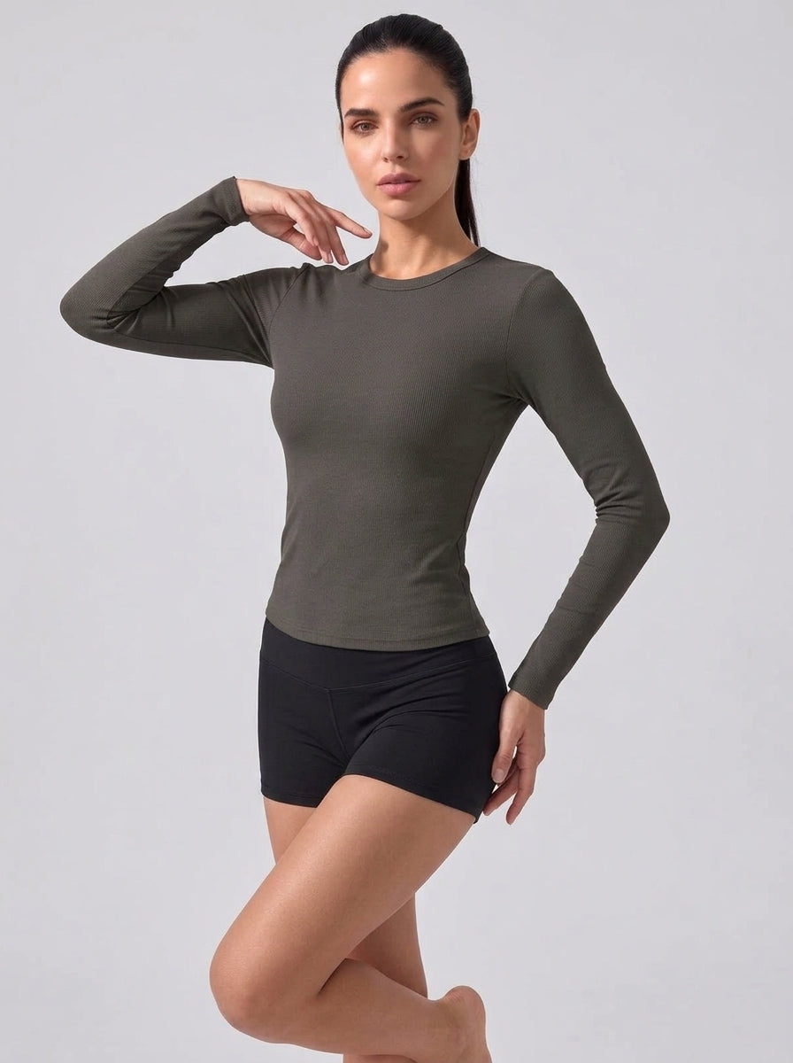 Women's Long Sleeve Crew Neck Top with Built-in Bra