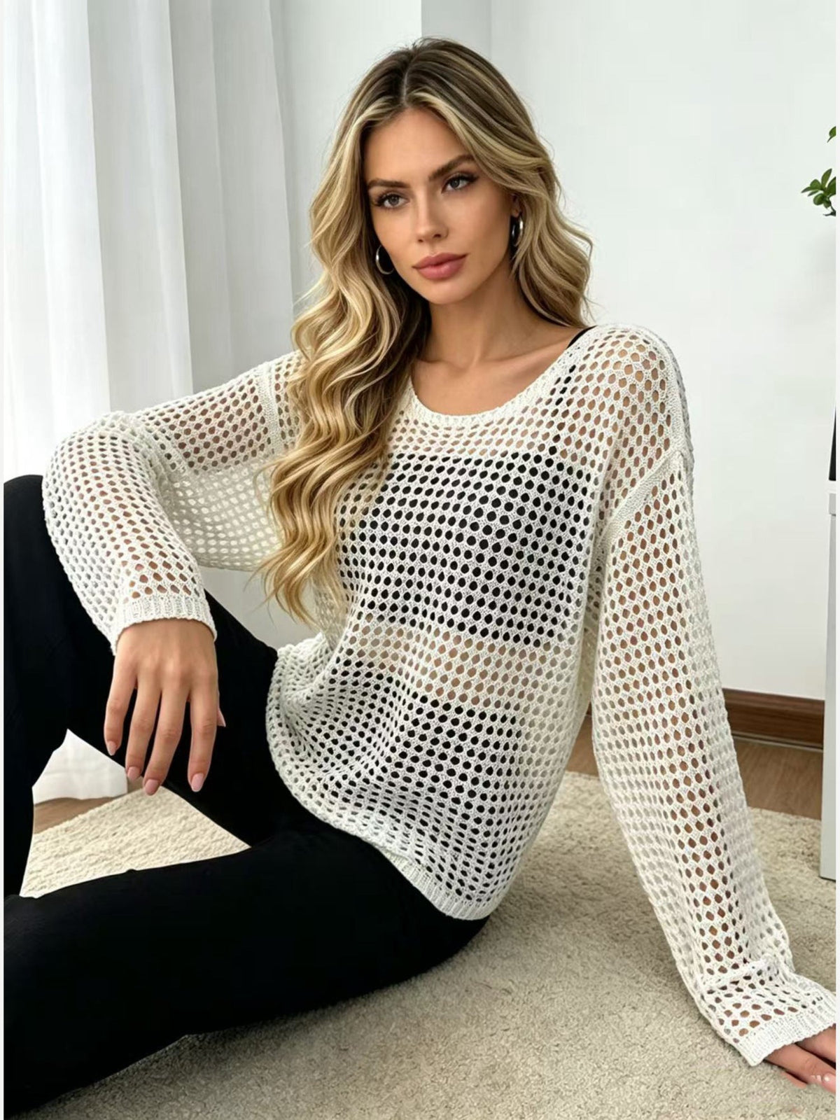 Women's Sheer Open Mesh Knit Long Sleeve Pullover Top