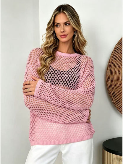 Women's Sheer Open Mesh Knit Long Sleeve Pullover Top