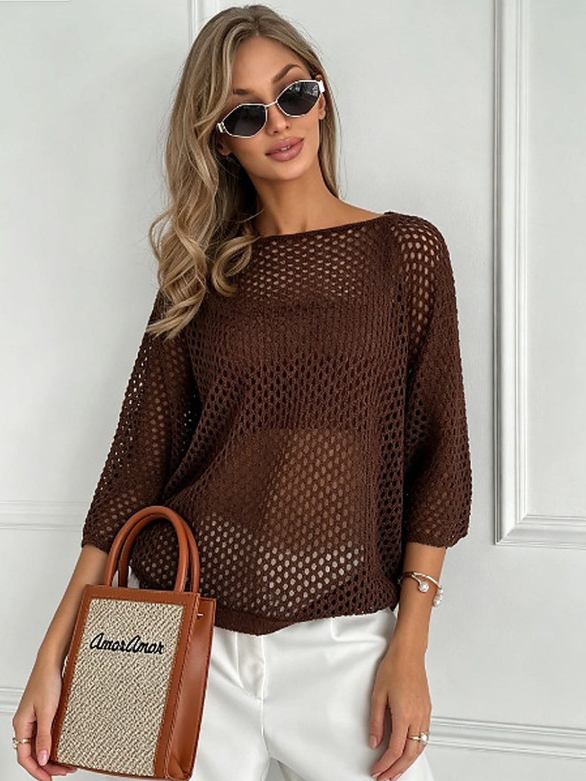 Women's Sheer Open Mesh Knit Long Sleeve Pullover Top