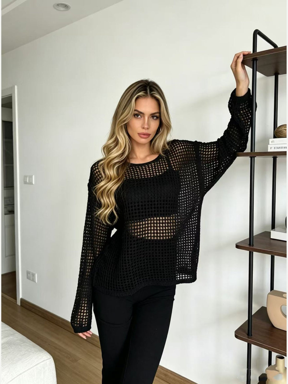 Women's Sheer Open Mesh Knit Long Sleeve Pullover Top