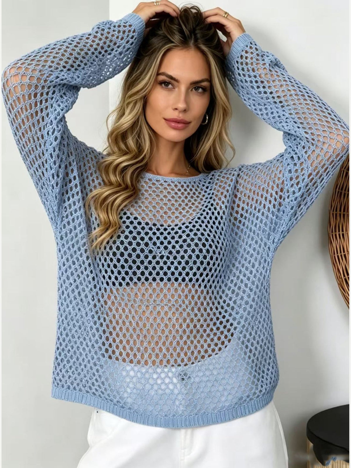 Women's Sheer Open Mesh Knit Long Sleeve Pullover Top