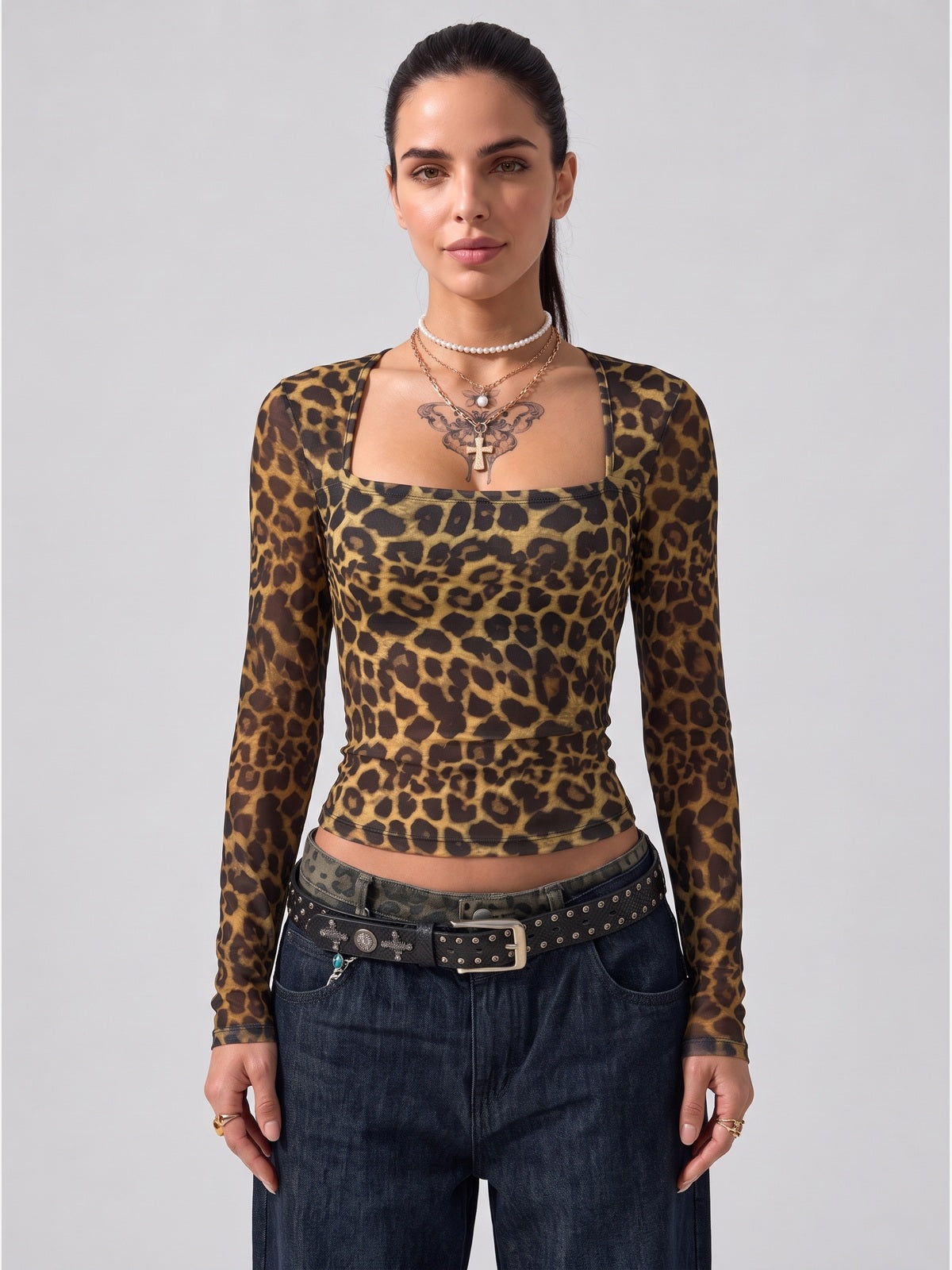 Leopard Print Cropped Square Neck Long Sleeve Top