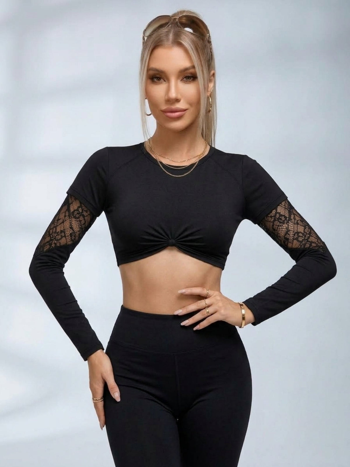 Long Sleeve Mesh Lace Slim Fit Sport Top