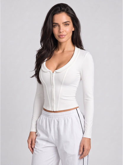 Women's Deep V-Neck Zipper Long Sleeve Crop Top