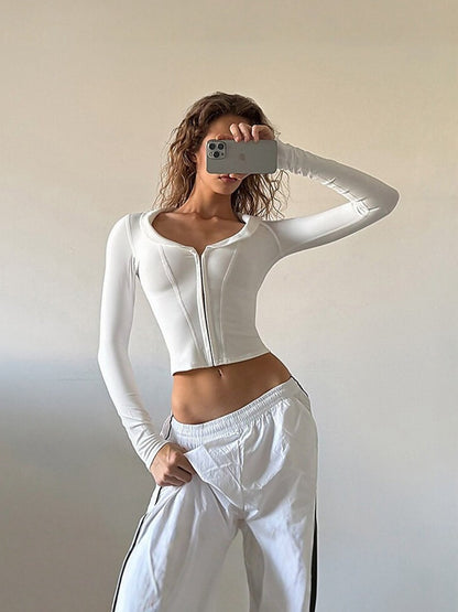 Women's Deep V-Neck Zipper Long Sleeve Crop Top