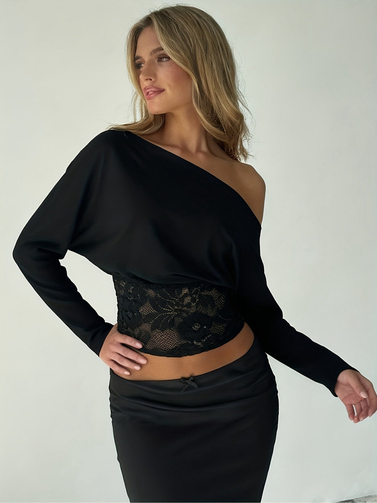 Asymmetric Off-Shoulder Long Sleeve Crop Top with Lace Panel