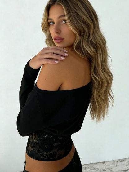 Asymmetric Off-Shoulder Long Sleeve Crop Top with Lace Panel