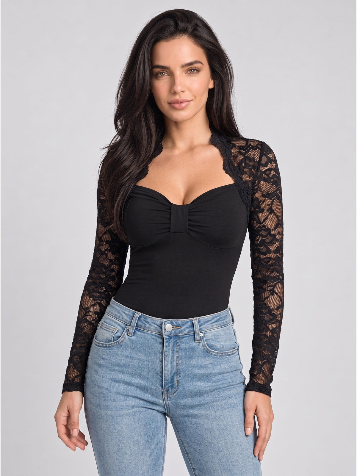 Lace Patchwork Sweetheart Neck Long Sleeve Knit Top