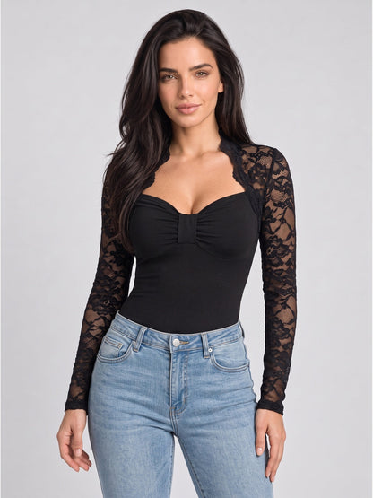 Lace Patchwork Sweetheart Neck Long Sleeve Knit Top