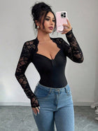 Lace Patchwork Sweetheart Neck Long Sleeve Knit Top