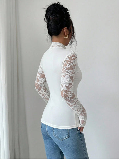Lace Patchwork Sweetheart Neck Long Sleeve Knit Top