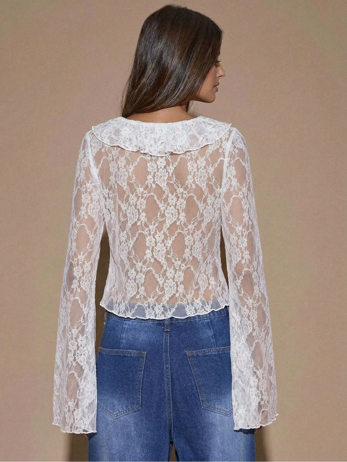 Sheer Lace Ruffle V-Neck Tie-Front Bell Sleeve Top