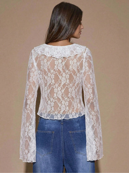 Sheer Lace Ruffle V-Neck Tie-Front Bell Sleeve Top