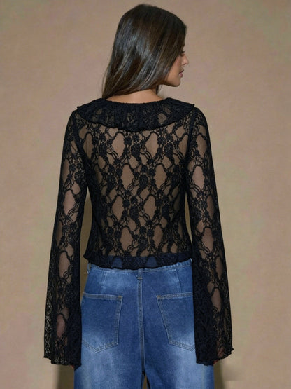 Sheer Lace Ruffle V-Neck Tie-Front Bell Sleeve Top