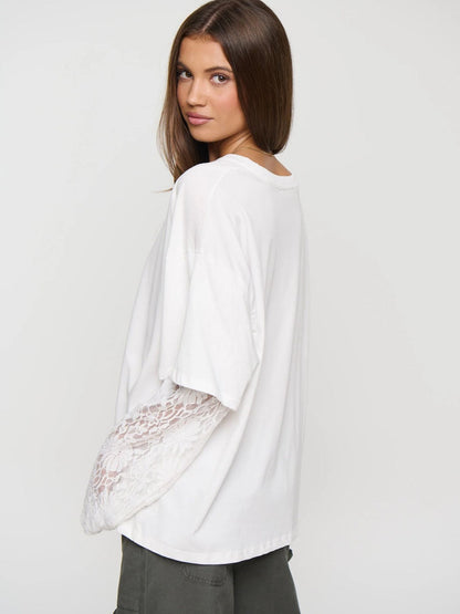 Lace Sleeve Drop Shoulder Round Neck Long Sleeve Top