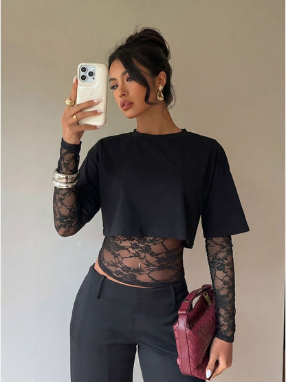 Sheer Lace Panel Cropped Long Sleeve Top