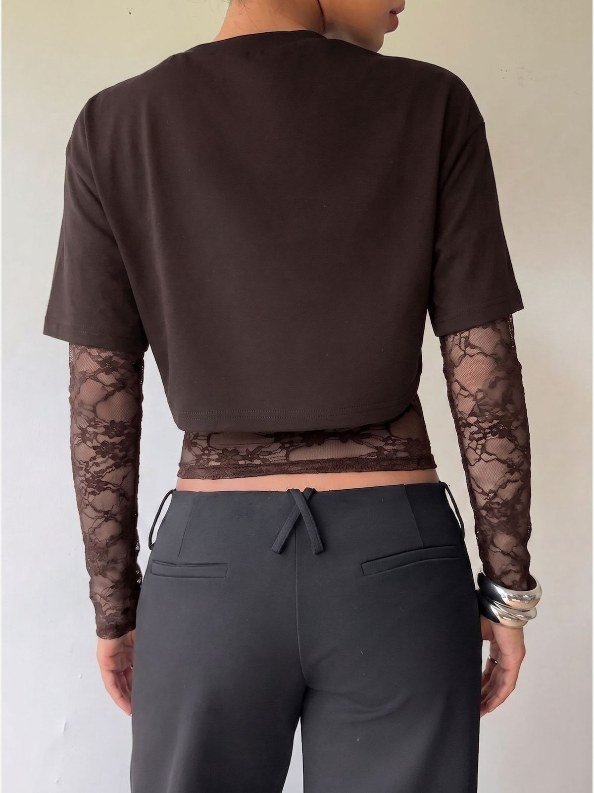 Sheer Lace Panel Cropped Long Sleeve Top