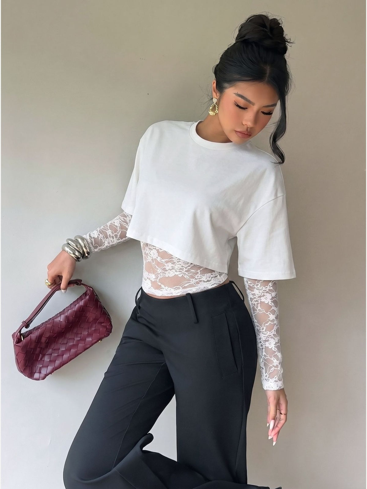 Sheer Lace Panel Cropped Long Sleeve Top