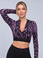 Zebra Print Half-Zip Mock Neck Long Sleeve Crop Top