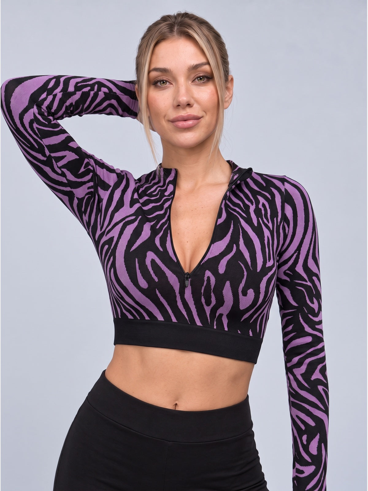 Zebra Print Half-Zip Mock Neck Long Sleeve Crop Top