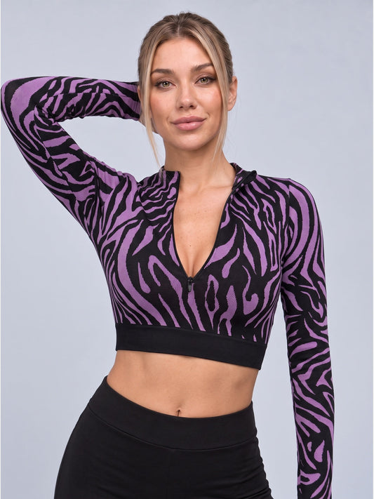 Zebra Print Half-Zip Mock Neck Long Sleeve Crop Top