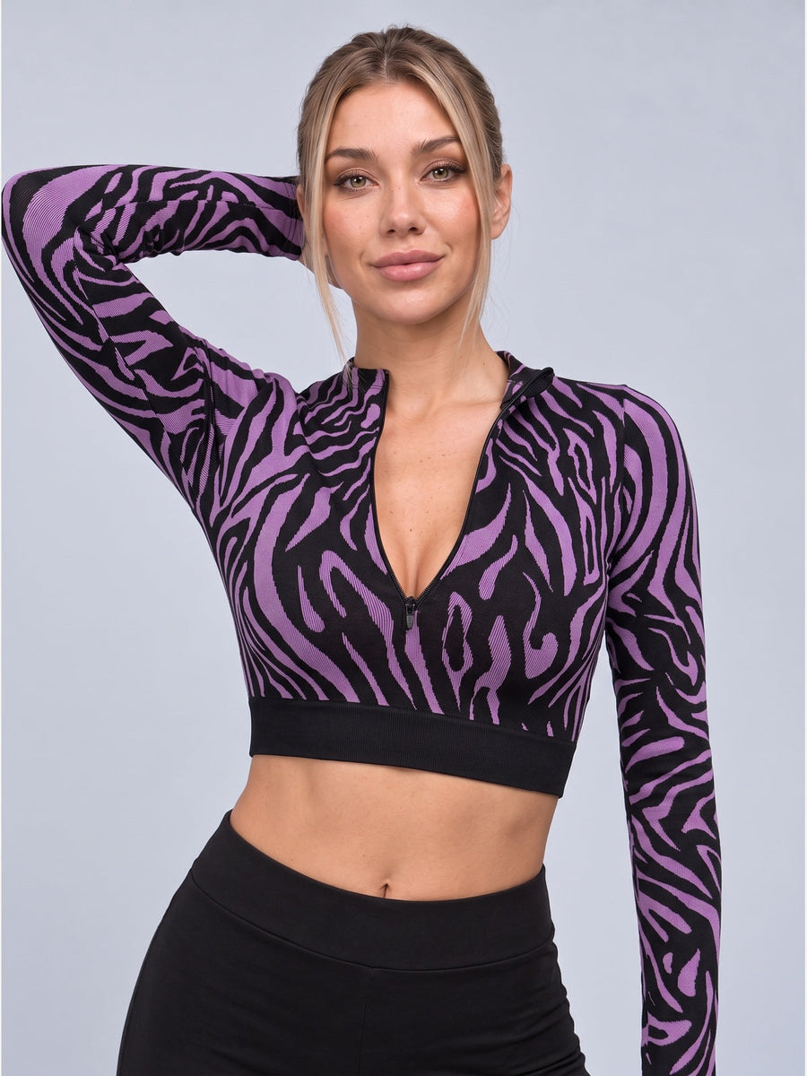 Zebra Print Half-Zip Mock Neck Long Sleeve Crop Top
