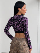 Zebra Print Half-Zip Mock Neck Long Sleeve Crop Top