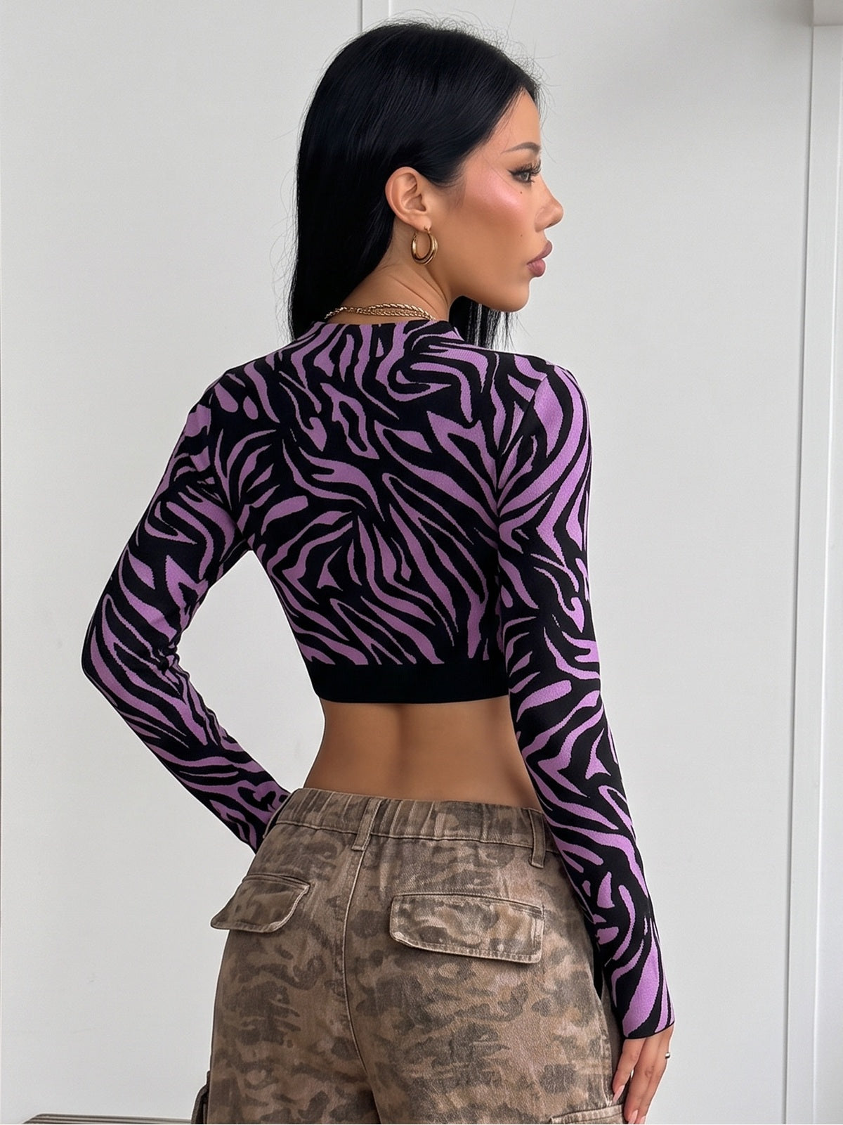 Zebra Print Half-Zip Mock Neck Long Sleeve Crop Top