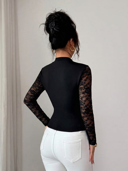 Black Lace Spliced Mock Neck Keyhole Long Sleeve Top