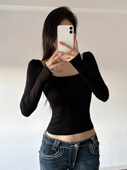 Lace Back Scoop Neck Cropped Long Sleeve Top