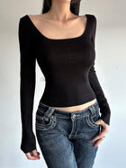 Lace Back Scoop Neck Cropped Long Sleeve Top