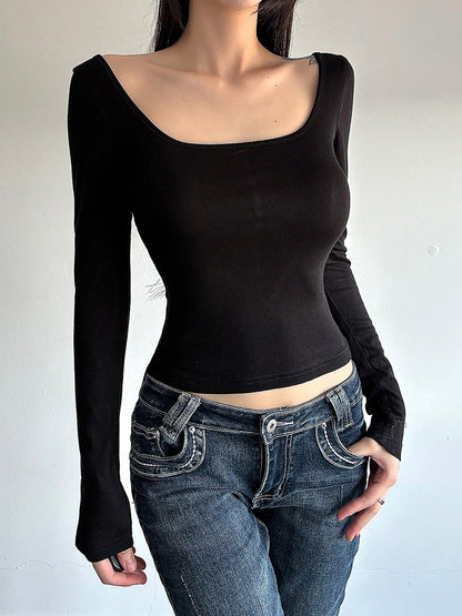 Lace Back Scoop Neck Cropped Long Sleeve Top