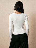 Ribbed Lace-Trim V-Neck Long Sleeve Top