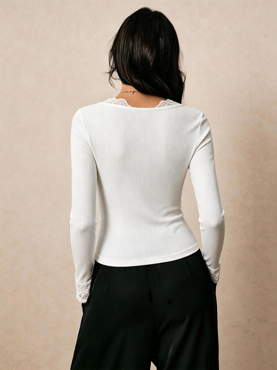 Ribbed Lace-Trim V-Neck Long Sleeve Top