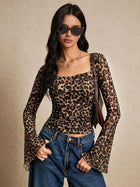 Leopard Print Mesh Square Neck Top with Flared Sleeves