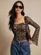 Leopard Print Mesh Square Neck Top with Flared Sleeves