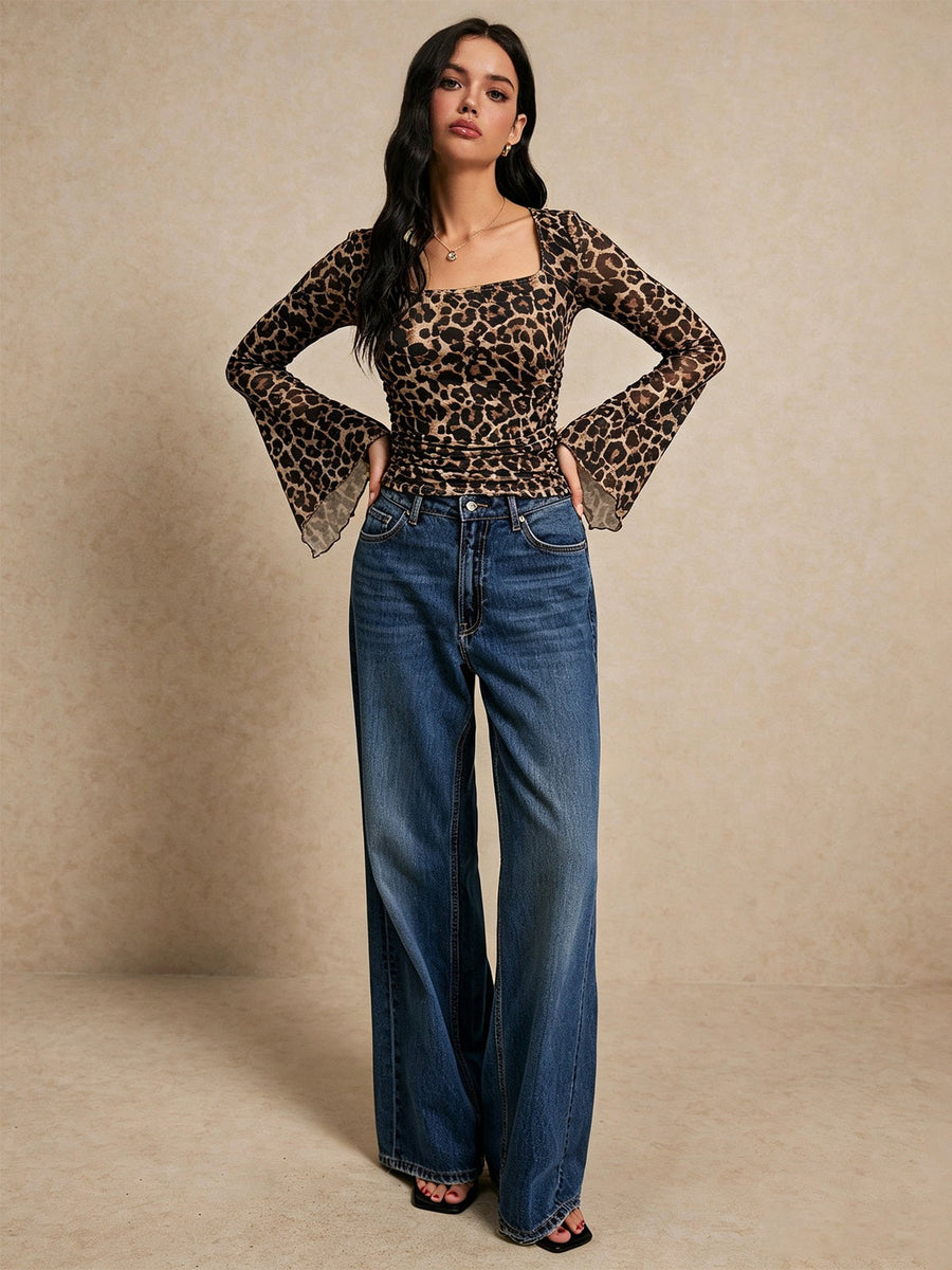 Leopard Print Mesh Square Neck Top with Flared Sleeves